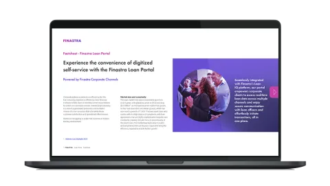 Image of laptop with cover slide of "Finastra Loan Portal" brochure