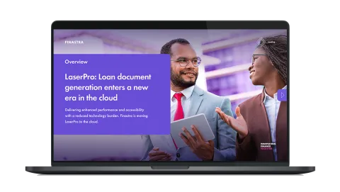 Image of laptop with cover slide for "LaserPro: Loan document generation enters a new era in the cloud" brochure
