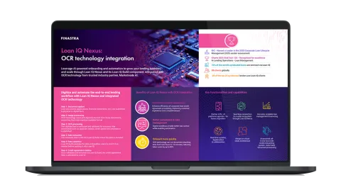 Image of laptop with cover slide of "Loan IQ Nexus and OCR Technology for streamlined loan onboarding" infographic