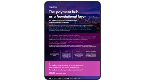 Image of tablet with cover slide of "Modernizing payments: the case for a payment hub" infographic