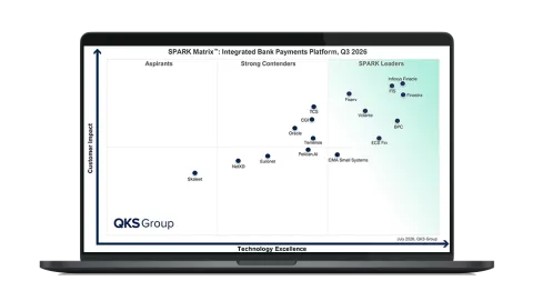 Image of laptop with cover slide of "QKS Group SPARK Matrix™: Integrated Bank Payments Platform, Q3, 2026" report