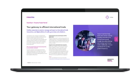 Image of laptop with cover slide of "Trade Portal powered by Finastra Corporate Channels" factsheet