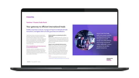 Image of laptop with cover slide of "Trade Portal powered by Finastra Corporate Channels" factsheet