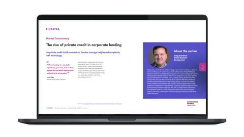 Image of laptop with cover slide of "The rise of private credit in corporate lending" report