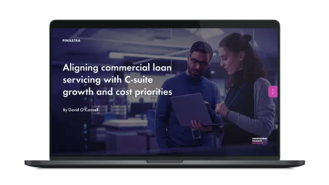 Image of laptop with cover slide of "Aligning commercial loan servicing with C-suite growth and cost priorities" white paper