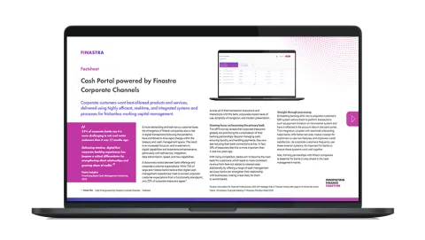 Image of laptop with cover slide for "Cash Portal powered by Finastra Corporate Channels" brochure