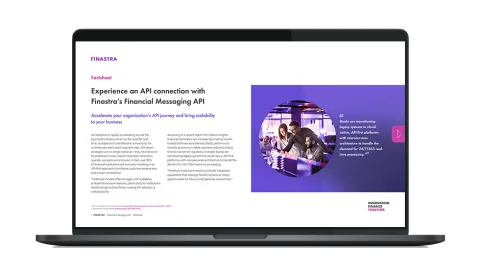 Image of laptop with cover slide of "Experience an API connection with Finastra’s Financial Messaging API" brochure