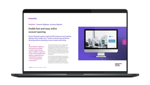Image of laptop with cover slide for the Finastra Originate Business Deposits factsheet