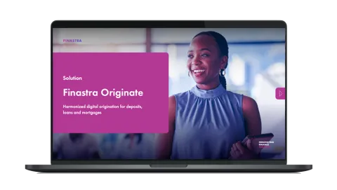 Image of laptop with cover slide for the "Finastra Originate - Digital origination for deposits, loans and mortgages" brochure