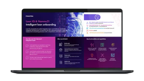 Image of laptop with cover slide for the "Intelligent loan onboarding with Loan IQ Build and Nammu21" infographic