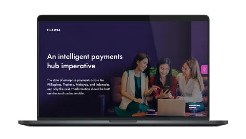 Image of laptop with cover slide of "An intelligent payments hub imperative" whitepaper