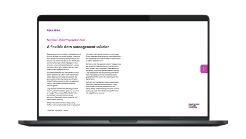 Image of laptop with cover slide of "Finastra Loan IQ Data Propagation Tool" factsheet