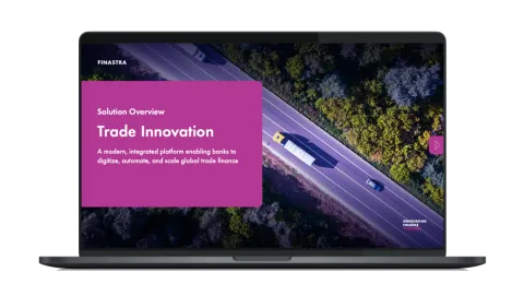 Image of laptop with the cover slide of the "Modernizing trade finance for a connected world" solution overview
