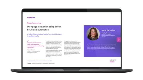 Image of laptop with cover slide of "Mortgage innovation being driven by AI and automation (Market Commentary)" brochure
