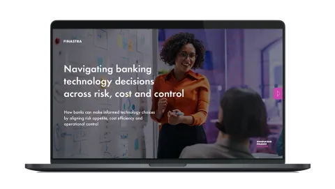 Image of laptop with cover slide for the "Navigating banking technology decisions across risk, cost and control" white paper
