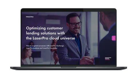 Image of laptop with cover slide of "Optimizing customer lending solutions with the LaserPro cloud universe" white paper