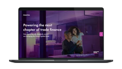 Image of laptop with cover slide of "Powering the next chapter of trade finance" white paper