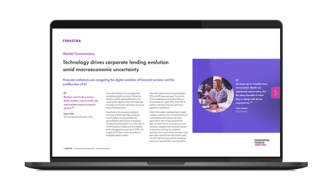 Image of laptop with cover slide of "Technology drives corporate lending evolution amid macroeconomic uncertainty" report