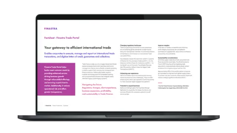 Image of laptop with cover slide of "Trade Portal powered by Finastra Corporate Channels" factsheet