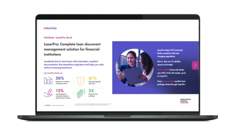 Image of laptop with cover slide of "Transform lending efficiency with LaserPro: compliance‑ready documentation for every Loan" factsheet
