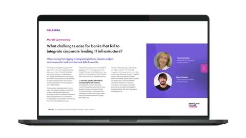 Image of laptop with cover slide of "What challenges arise for banks that fail to integrate corporate lending IT infrastructure?" white paper