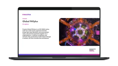 Image of laptop with cover slide of "Finastra Global PAYplus" factsheet