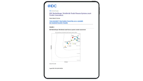 Image of tablet with cover slide of "IDC MarketScape: Worldwide Trade Finance Systems 2026 Vendor Assessment" report