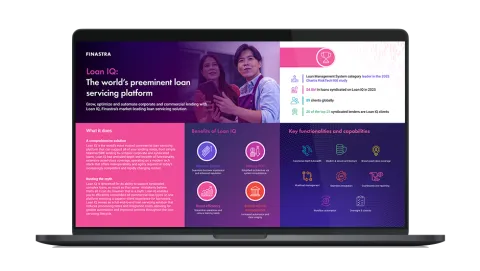 Image of laptop with cover slide of "Loan IQ: The premier commercial loan servicing platform" infographic
