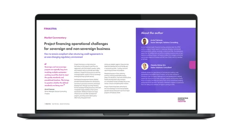 Image of laptop with cover slide of "Project financing operational challenges for sovereign and non-sovereign business" white paper