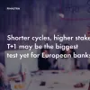 Image of laptop with cover slide for the "Shorter cycles, higher stakes: T+1 may be the biggest test yet for European banks" white paper